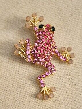 Gold-Tone Pink Crystal Frog Brooch - Brand Unbranded